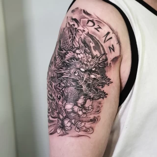 Dragon Tattoo on Shoulder -  - Blackwork Darkwork - Black Hat Tattoo Dublin - The Black Hat Tattoo
