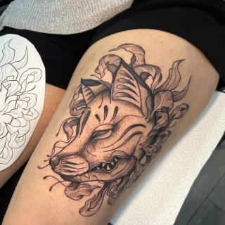 Japanese mask on leg -  - Blackwork Darkwork - Black Hat Tattoo Dublin - The Black Hat Tattoo