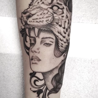 Tiger Tattoo - Black Hat Tattoo Dublin - women head and tiger - The Black Hat Tattoo