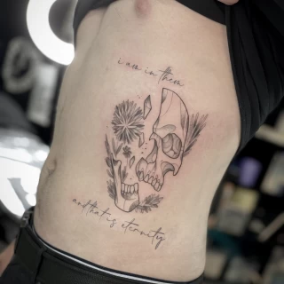 Skull Tattoo and lettering - Minimalism Dotwork and Linework  - Black Hat Tattoo Dublin - The Black Hat Tattoo